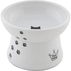 Necoichi Ceramic Elevated Cat Food Bowl, White Paw Print