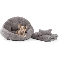 Best Friends By Sheri Sherpa Deep Dish Bolster Cat & Dog Bed W/Blanket & Plush Bone