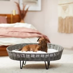 Frisco Elevated Rectangle Wicker Dog & Cat Bed With Eyelash Faux Fur Cushion