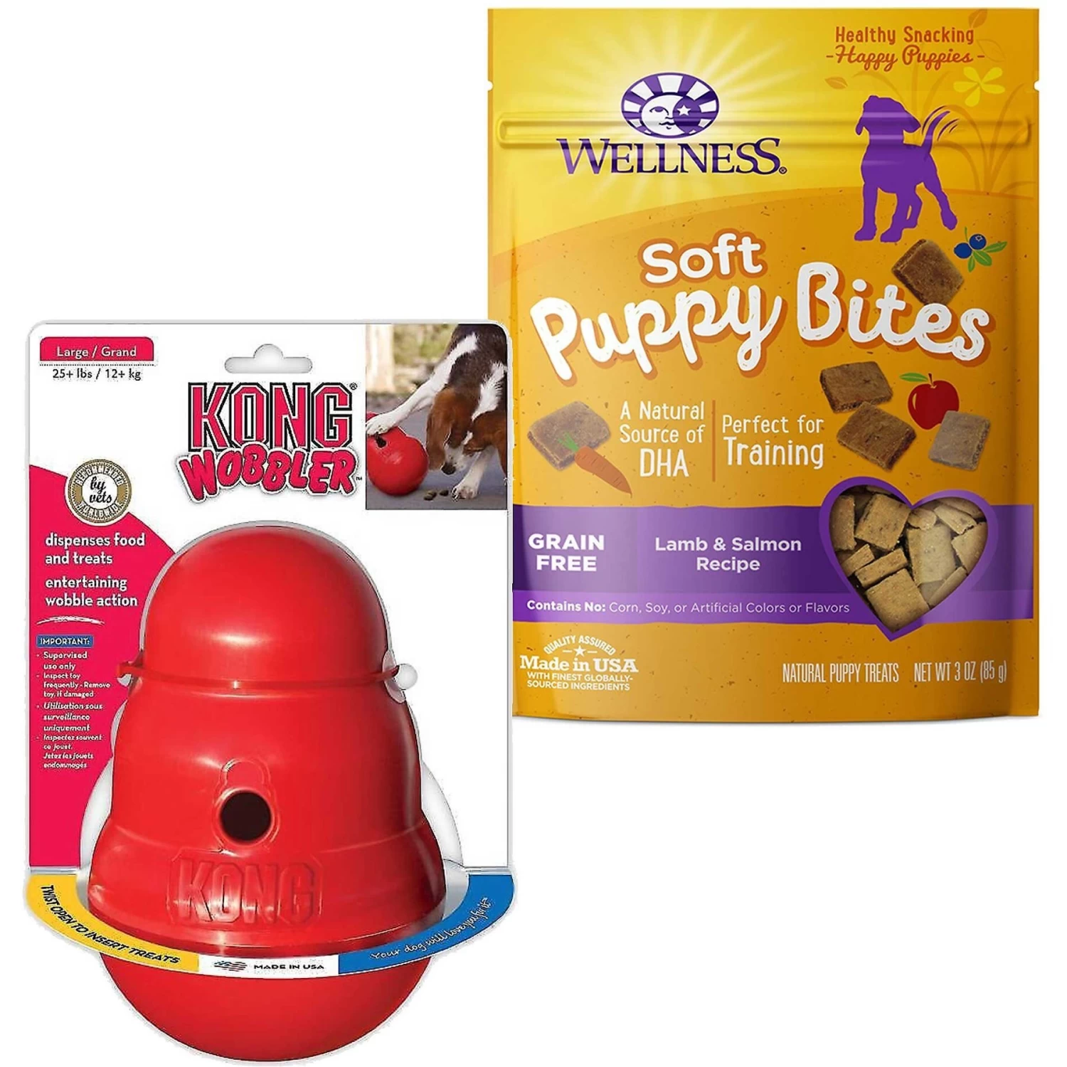 KONG Wobbler Dog Toy & Wellness Soft Puppy Bites Lamb & Salmon Recipe Grain-Free Natural Dog Treats