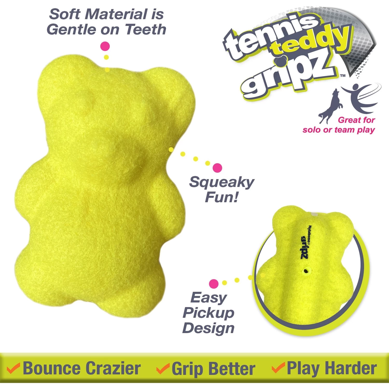 Nylabone Power Play Tennis Teddy Gripz Dog Toy - Image 2