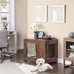 Unipaws Wooden Wire Furniture End Table Dog Crate, Walnut