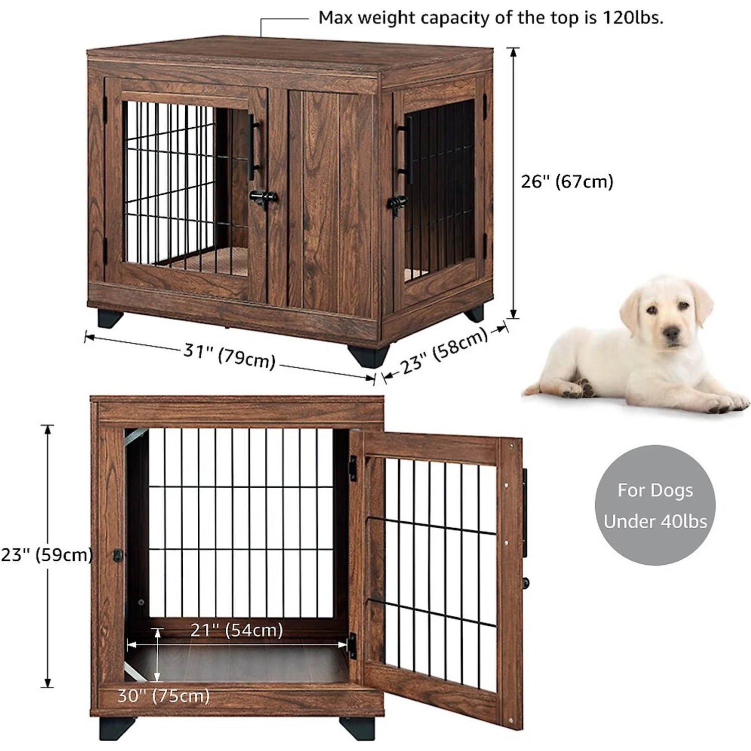 Unipaws Wooden Wire Furniture End Table Dog Crate, Walnut - Image 3