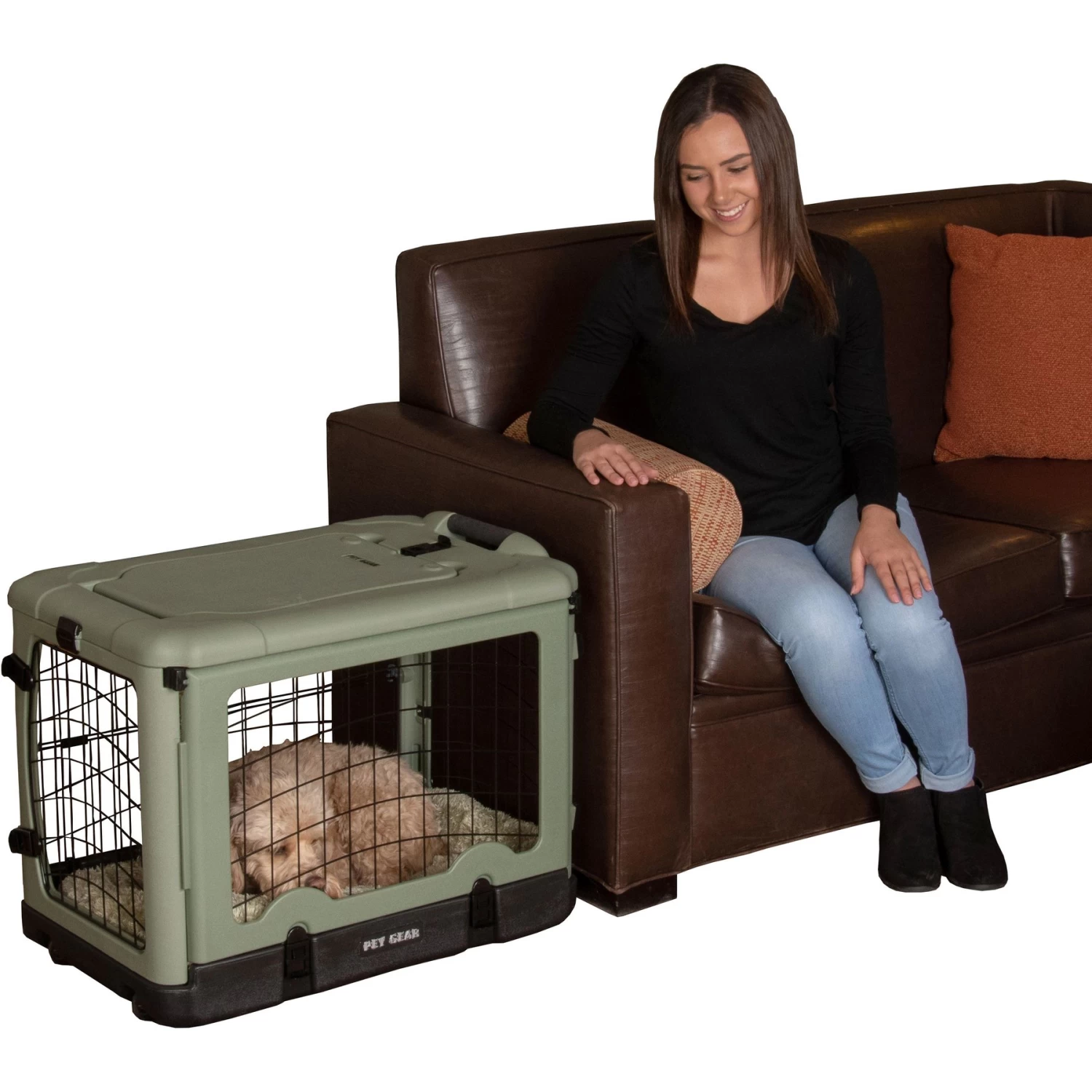 Pet Gear The Other Door Double Door Collapsible Wire Dog Crate & Plush Pad, Sage