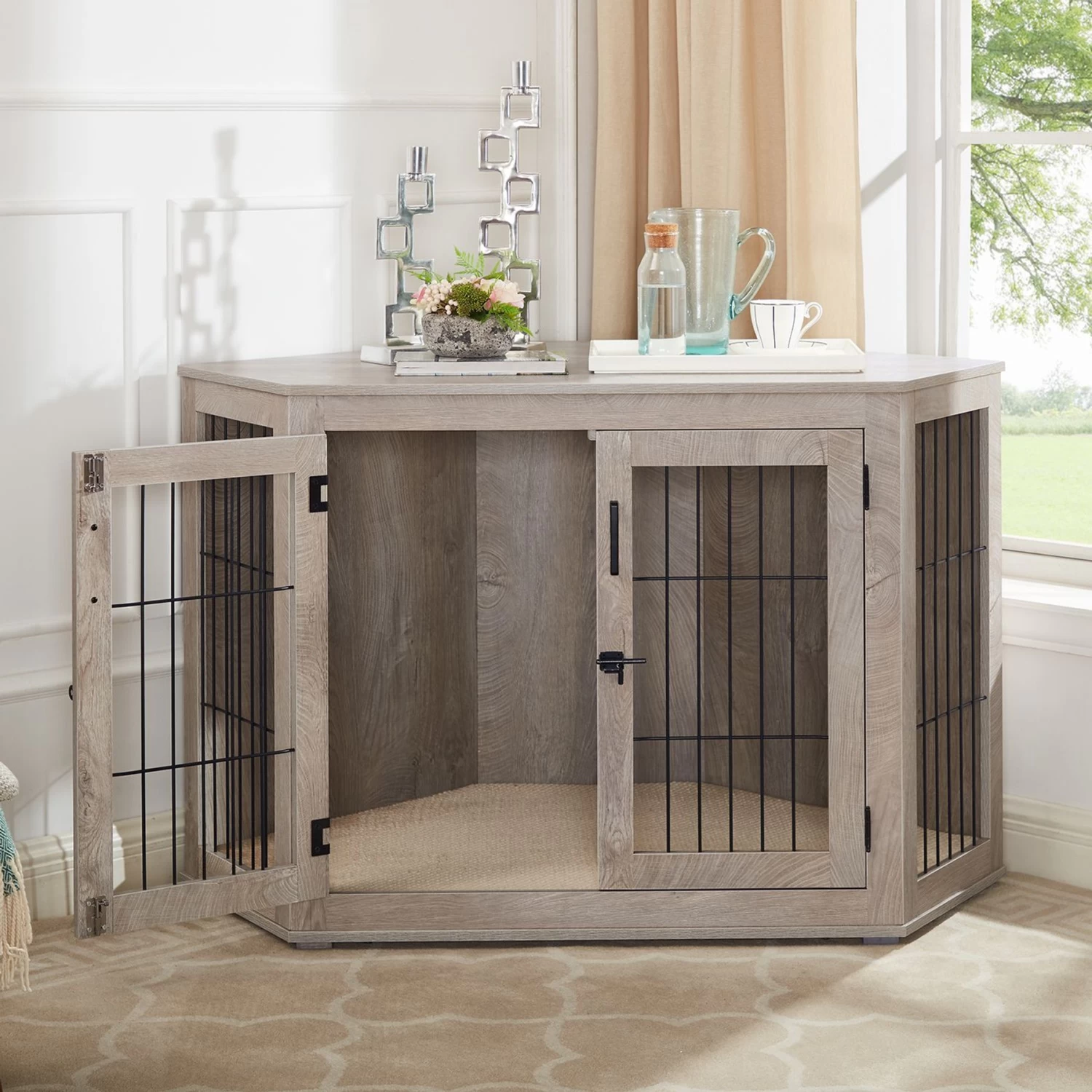 Unipaws Furniture Corner Dog Crate With Cushion, Weathered Grey