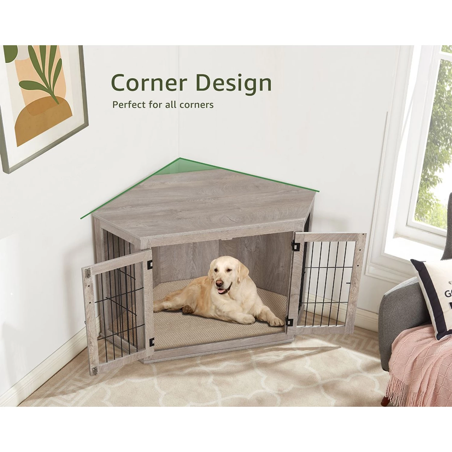 Unipaws Furniture Corner Dog Crate With Cushion, Weathered Grey - Image 2