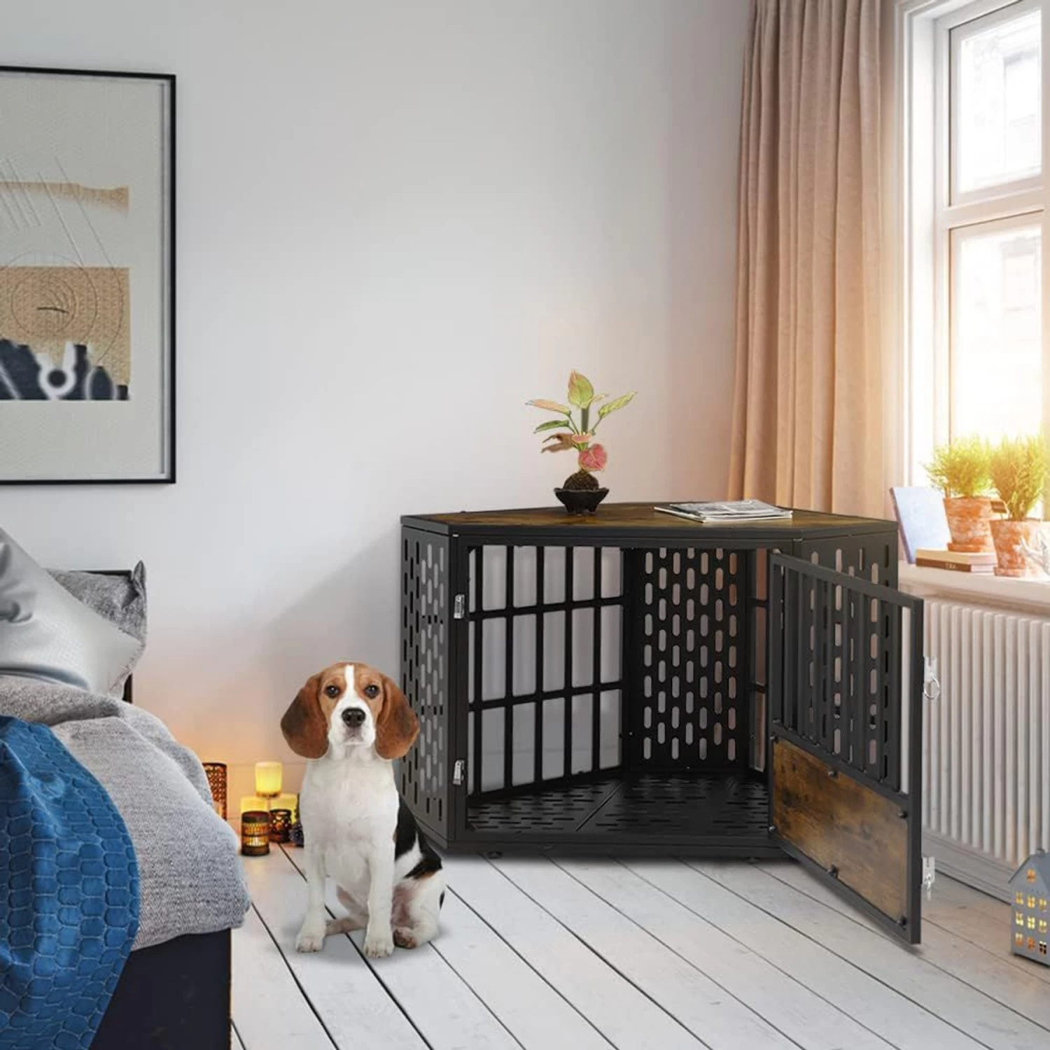 SMONTER Wooden Corner Crate Furniture Style Dog Kennel - Image 2