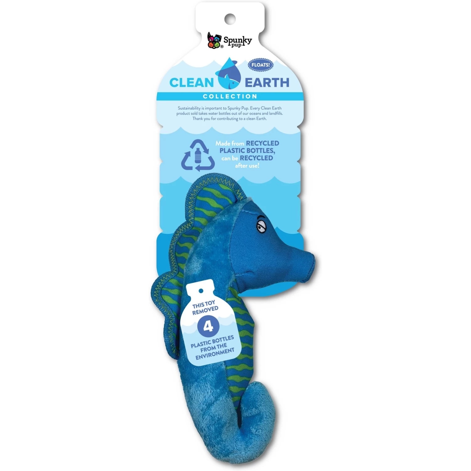 Spunky Pup Clean Earth Plush Seahorse Dog Toy, Blue, Small