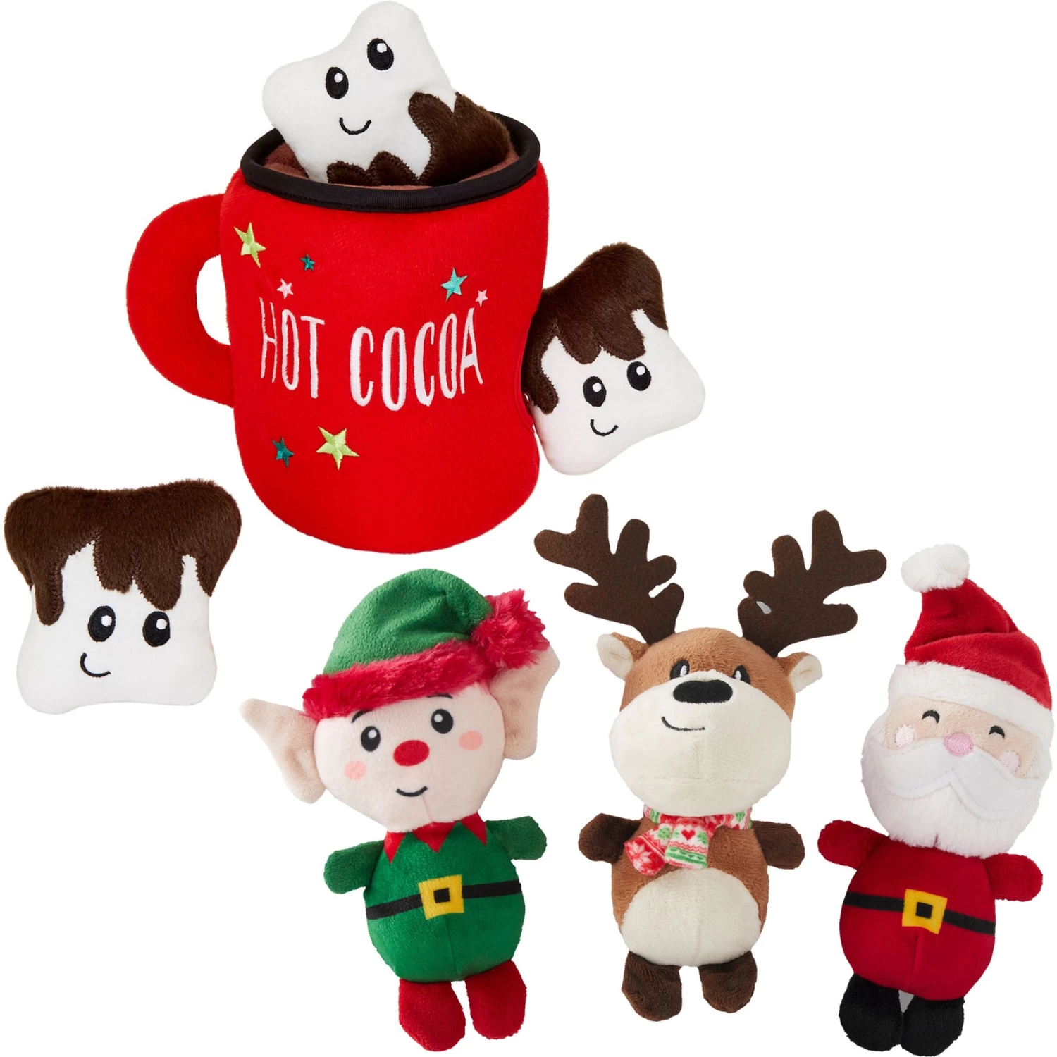 Frisco Holiday Santa's Helpers Plush Squeaky Dog Toy, 3 Count & Frisco Holiday Hot Cocoa Hide & Seek Puzzle Plush Squeaky Dog Toy